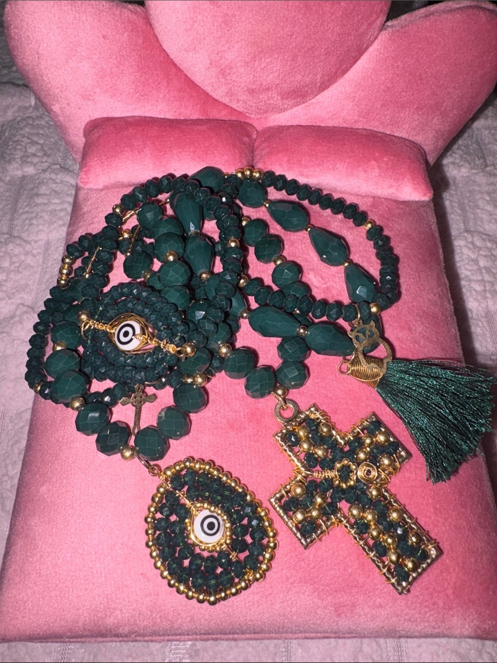 Green Beaded Cross & bracelet Set with